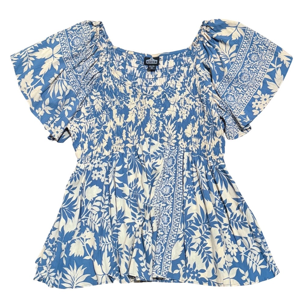 Angie Blue Floral Smocked Top Babydoll Shirt Womens Plus Size 3X Boho Peasant
